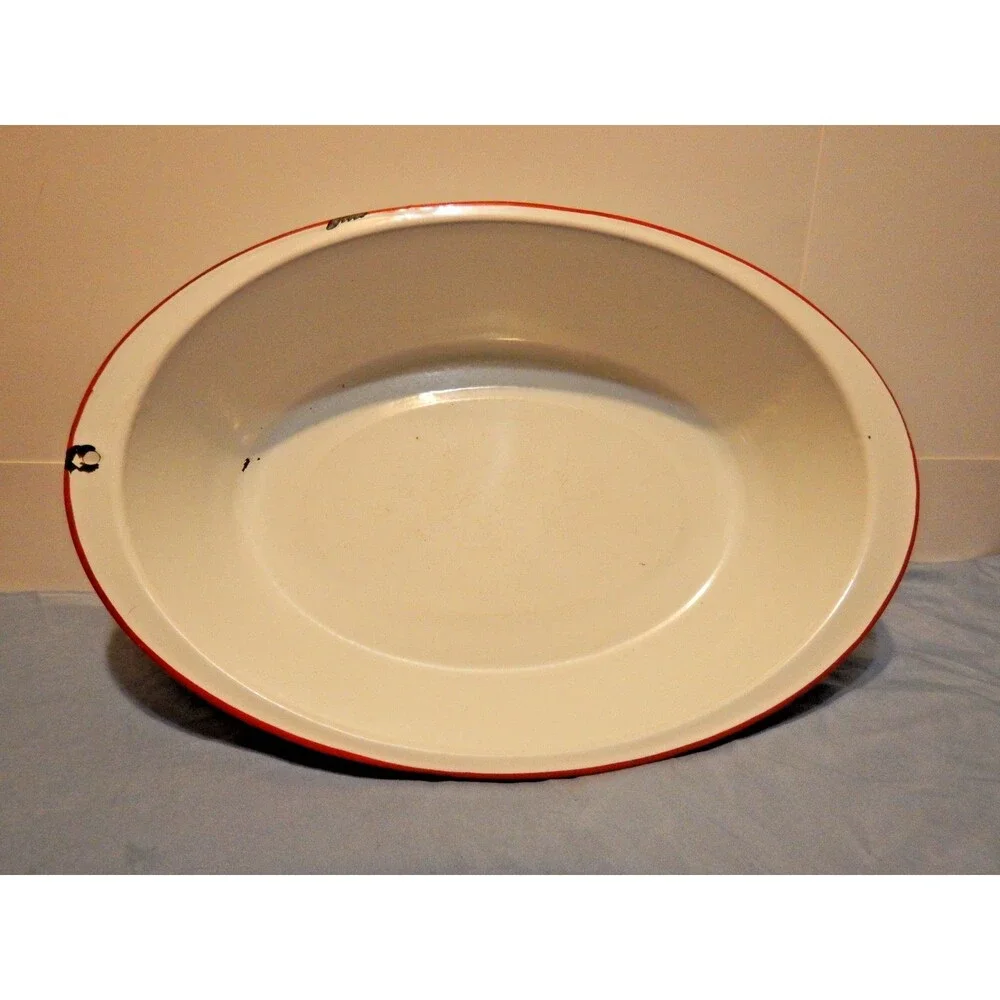 Vintage Enamelware 3 Pc Lot Chamber Pot Wash Basin Bowl White Red Trim Farmhouse